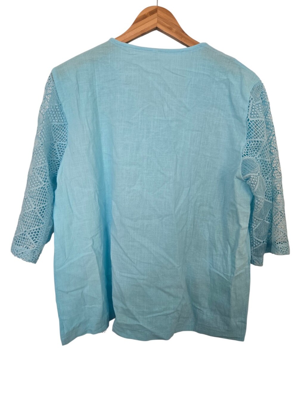 🩵 Boho Aqua Crochet Lace Tunic Top Blouse XL Tassel Tie - Picture 4 of 5